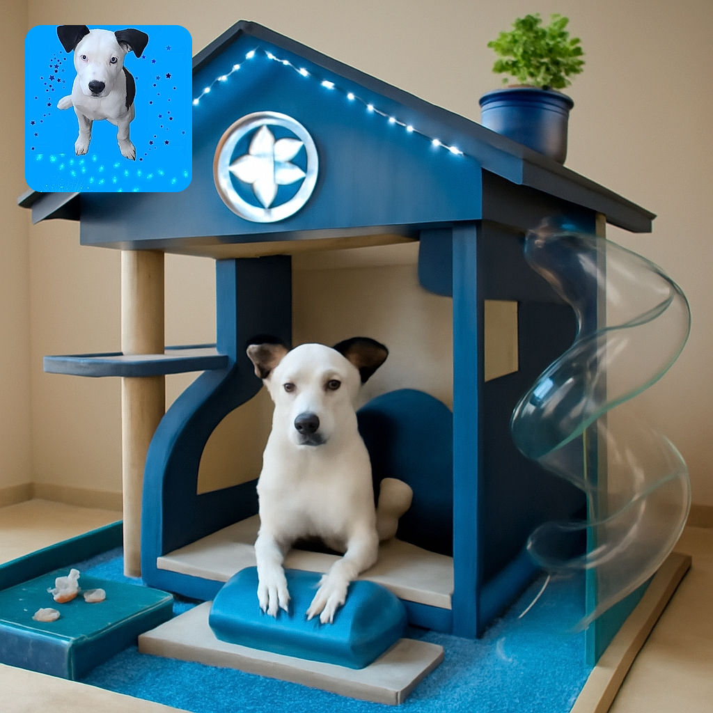A cute white and black puppy with striking blue eyes appears to float against a vibrant blue background adorned with glowing lights, star patterns, and a four-leaf clover graphic, giving a whimsical and magical vibe.
