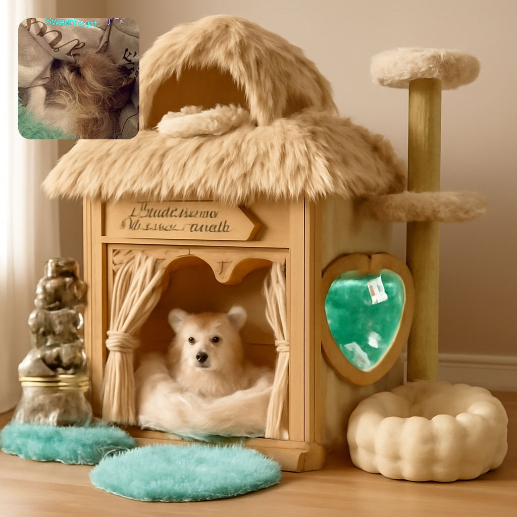 A cozy, slightly blurry photo of a small dog snuggled up in blankets with a blue-green fuzzy throw. Text overlay in bright blue reads 'Momma's Sweetheart' with a cute heart doodle, adding a warm, loving vibe to this sleepy pup's portrait.