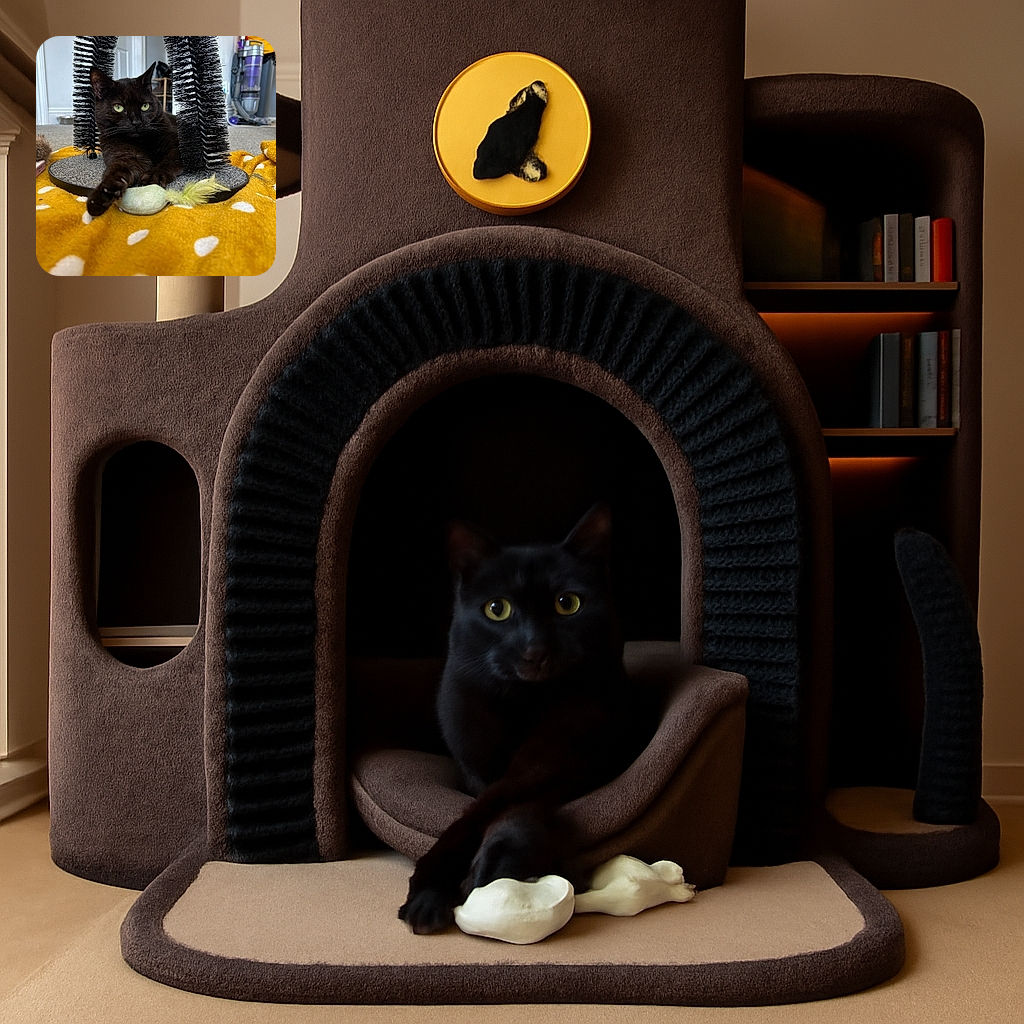 A sleek black cat lounges comfortably on a yellow polka-dot blanket, pawing at a feathered toy beneath a unique arch-shaped scratching post. The background shows a cozy room with a vacuum cleaner and a door, adding a homey vibe to this candid feline moment.