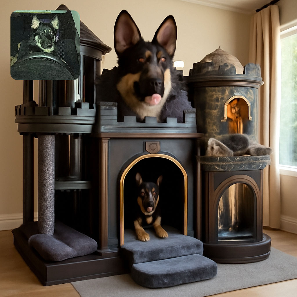 A black and tan dog sits behind the steering wheel of a car, staring forward with wide eyes, creating a humorous scene as if the dog is about to drive.