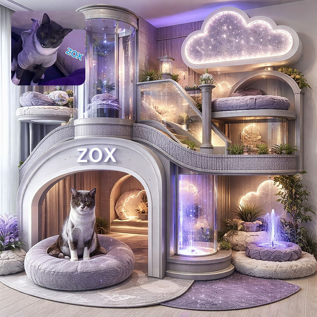 A sassy black-and-white cat wearing a tiny grey shirt stares at the camera with unmistakable side-eye while perched on a bed/pillow — a blue 'zox' sticker floats on the cushion like the cat's personal logo. Soft purple lighting gives the scene a cozy, slightly surreal vibe as the kitty contemplates world domination (or dinner).