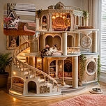 A calico cat lounges like royalty in a tiny ornate throne, staring down the camera while her fluffy tail spills over the side. Nearby, an empty pink-patterned cat bed waits patiently for its tenant, and the window-and-curtain backdrop gives the scene a cozy indoor palace vibe.