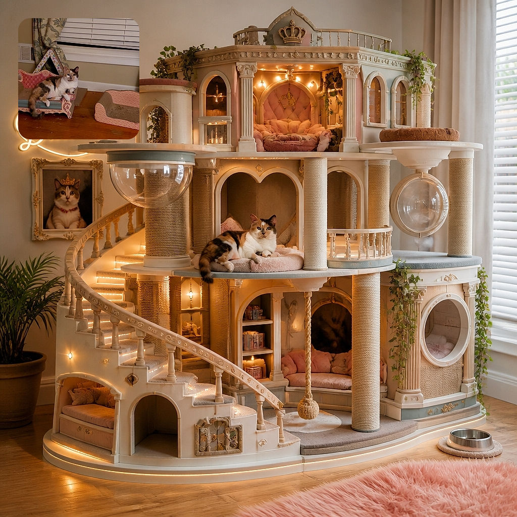 A calico cat lounges like royalty in a tiny ornate throne, staring down the camera while her fluffy tail spills over the side. Nearby, an empty pink-patterned cat bed waits patiently for its tenant, and the window-and-curtain backdrop gives the scene a cozy indoor palace vibe.