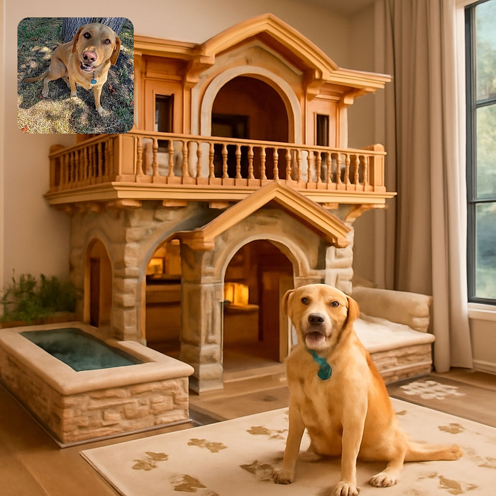 A happy golden Labrador sitting on patchy grass near a tree, looking up with bright eyes and a slightly open mouth, as if ready for a treat or a game.