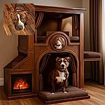 A brindle dog with a white stripe on its face looks up with big, soulful eyes, standing on a wooden floor next to a person's knees clad in light blue jeans.