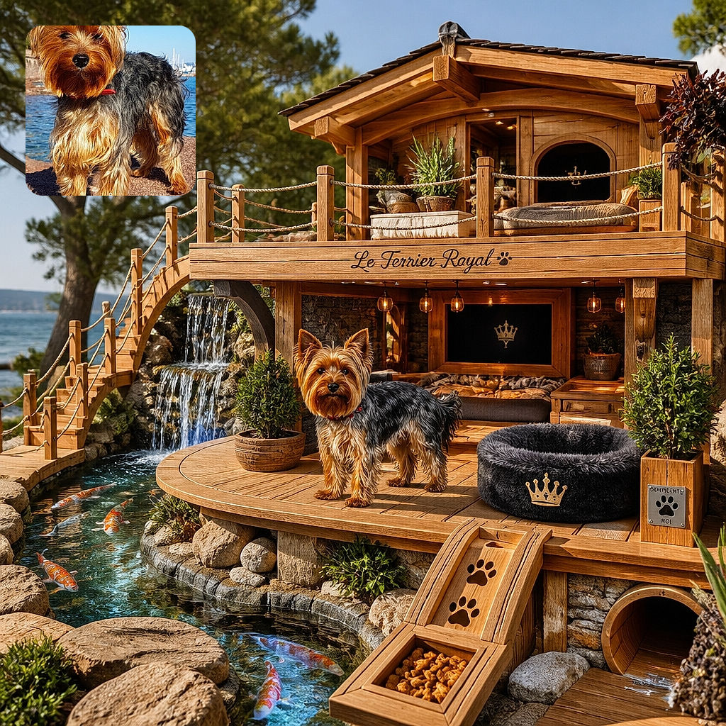 A tiny Yorkshire terrier stands proudly by the waterfront, looking like a perfectly groomed captain of the harbor while the bright blue sky and rippling water provide a dramatic backdrop. The phone icons at the bottom make it seem the dog has somehow become the smartphone's security wallpaper.