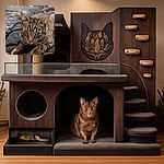 A close-up shot of a tabby cat lounging on someone's legs, with its intense eyes and intricate fur patterns taking center stage against a softly blurred background.