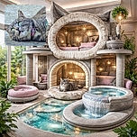 A close-up photo of a gray tabby cat lying on a concrete surface, with vivid green eyes wide open and a pink collar around its neck, looking curiously upwards.