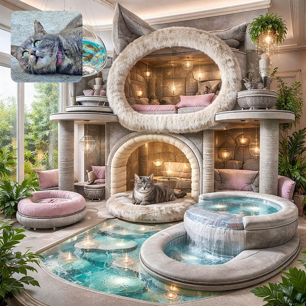 A close-up photo of a gray tabby cat lying on a concrete surface, with vivid green eyes wide open and a pink collar around its neck, looking curiously upwards.