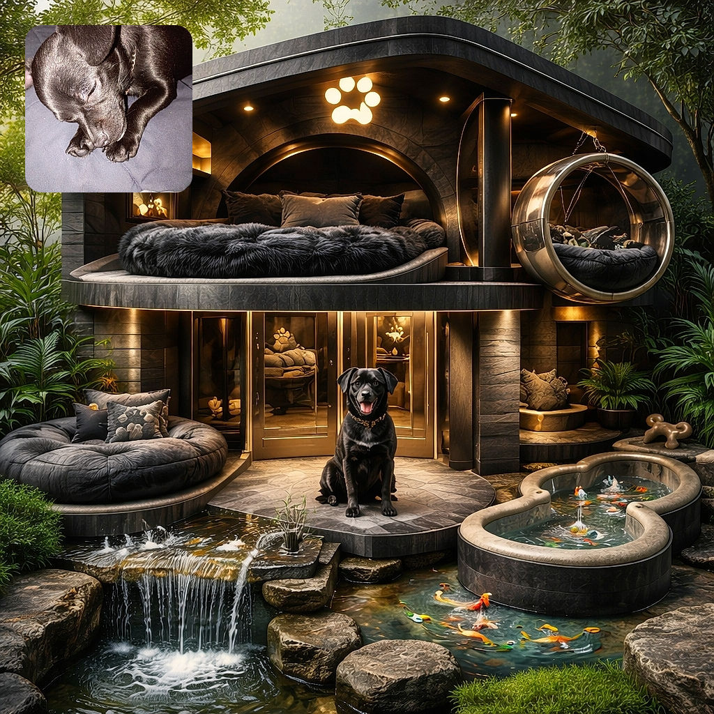 A small black dog is peacefully napping on a dark fabric surface, with its eyes closed and paws tucked close. The close-up shot captures the glossy texture of its fur and the tiny details of its nose and claws, creating a cozy and heartwarming scene.