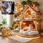 A fluffy white and orange cat is blissfully napping on a cozy couch covered with various textured blankets. The cat is sprawled out on its back with paws curled, looking like the epitome of relaxation. Nearby, a person's feet peek into the frame, adding a casual homey vibe to the scene.