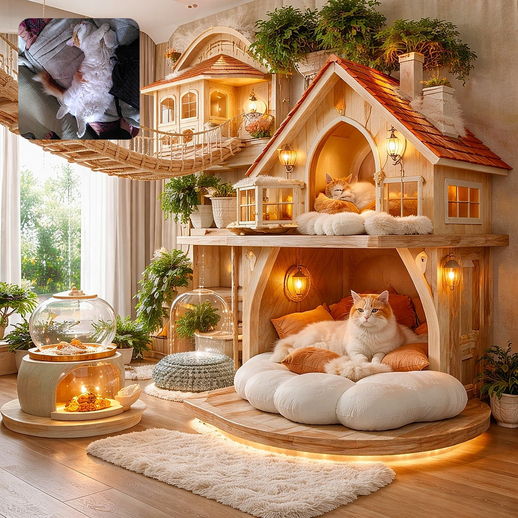 A fluffy white and orange cat is blissfully napping on a cozy couch covered with various textured blankets. The cat is sprawled out on its back with paws curled, looking like the epitome of relaxation. Nearby, a person's feet peek into the frame, adding a casual homey vibe to the scene.