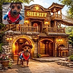 A small dog dressed as a tiny cowboy sheriff stares solemnly into the camera with a hat, red bandana and plush fake arms — ready to enforce nap-time and round up treats on the patio.