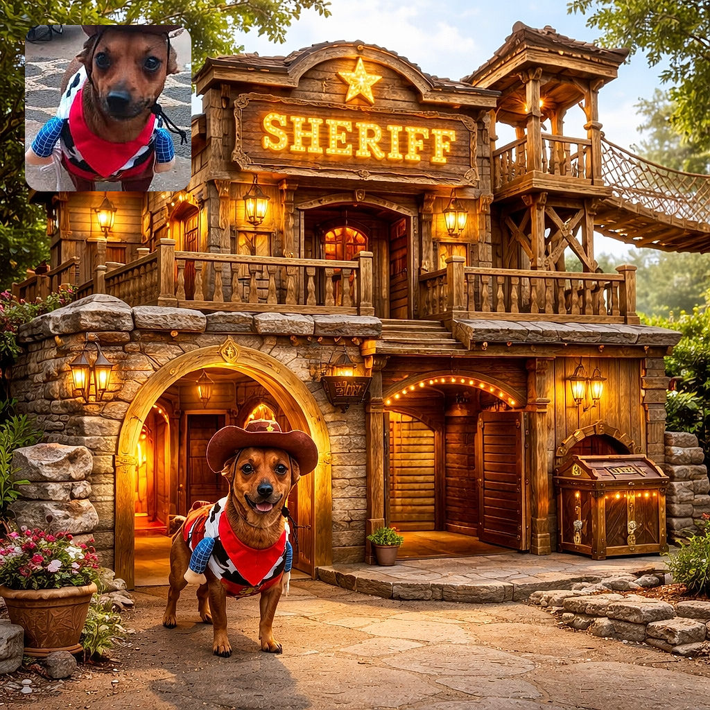 A small dog dressed as a tiny cowboy sheriff stares solemnly into the camera with a hat, red bandana and plush fake arms — ready to enforce nap-time and round up treats on the patio.
