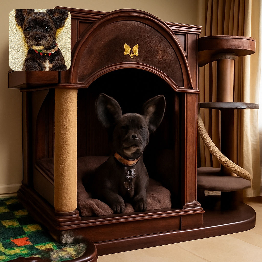 A close-up photo of an adorable small black dog with large ears standing up, wearing a colorful collar, lying on a textured cream-colored surface. The dog's shiny eyes and curious expression make it look like a tiny, furry superhero ready to save the day.