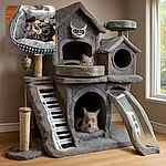 Two adorable kittens are catching some serious Z's in their cozy beds, surrounded by toys. One kitten lounges in a gray fluffy bed with a stash of colorful toys, while the other naps peacefully in a white bed in the background. The scene screams ultimate cat comfort and nap goals!