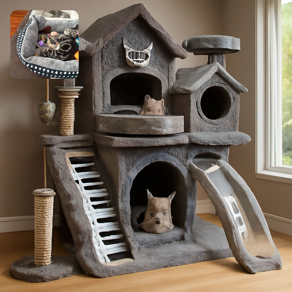 Two adorable kittens are catching some serious Z's in their cozy beds, surrounded by toys. One kitten lounges in a gray fluffy bed with a stash of colorful toys, while the other naps peacefully in a white bed in the background. The scene screams ultimate cat comfort and nap goals!