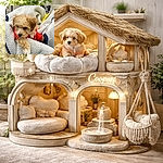 A tiny curly-haired puppy bundled in a fluffy blanket and a bright red shirt peers out like it owns the shopping cart — equal parts sleepy, suspicious, and utterly photogenic.