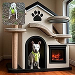 A white dog with heterochromia (two different colored eyes) wearing a bright neon green harness is sitting attentively on a patch of dirt and dry leaves, giving off an alert and curious vibe in a natural outdoor setting.