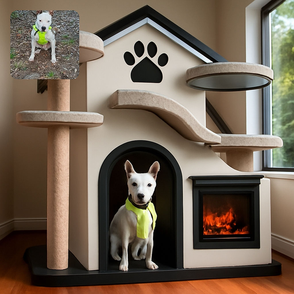 A white dog with heterochromia (two different colored eyes) wearing a bright neon green harness is sitting attentively on a patch of dirt and dry leaves, giving off an alert and curious vibe in a natural outdoor setting.