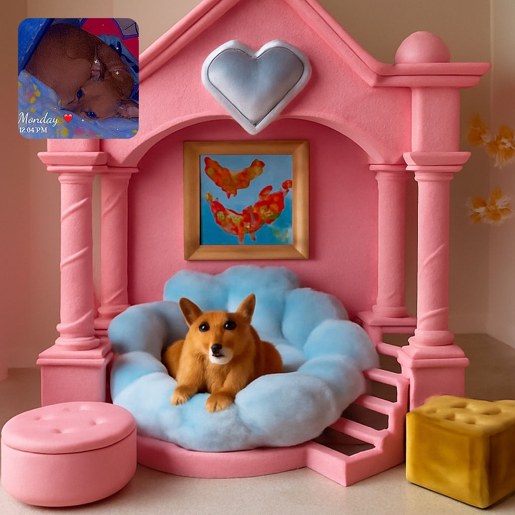 A small brown dog curled up cozily on a soft, colorful blanket inside a blue enclosure, looking sleepy and snug with a heart emoji and the word 'Monday' timestamped on the image, surrounded by tiny star-like sparkles.