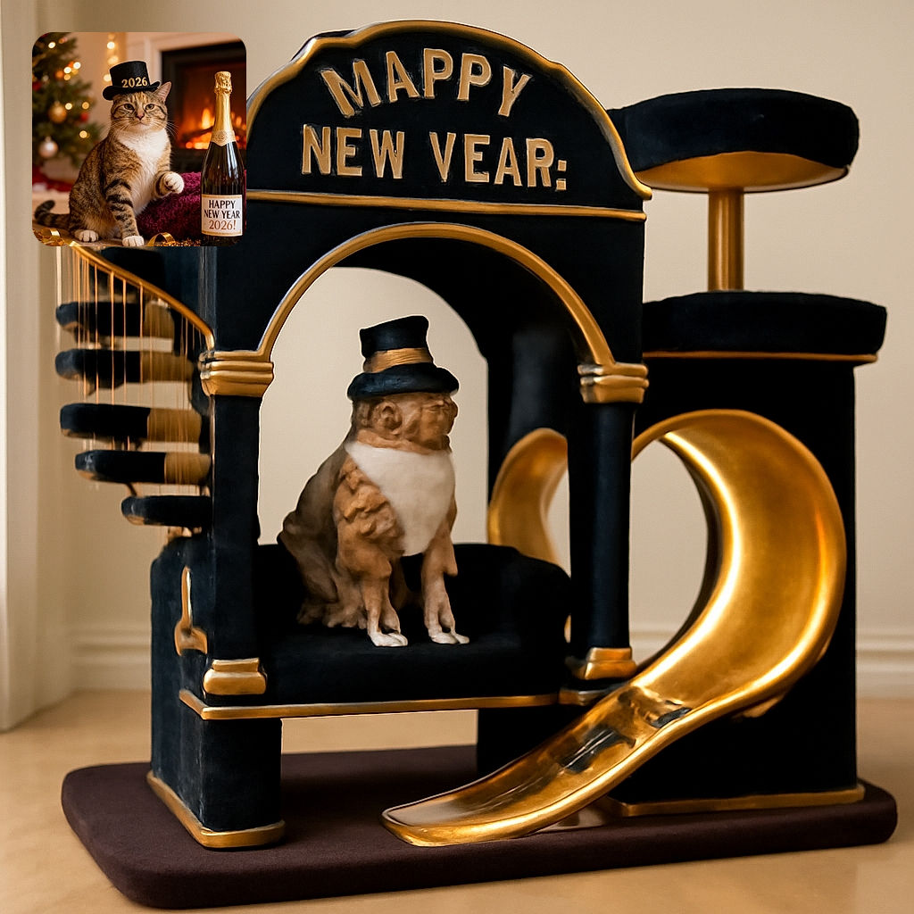 A festive tabby cat wearing a tiny top hat labeled '2026' sits proudly next to a bottle of champagne with a 'Happy New Year 2026!' label, surrounded by golden ribbons and sparkles, with a cozy fireplace and decorated Christmas tree softly blurred in the background.