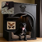 A dark-colored dog lying on a rumpled bed with light-colored sheets, tongue out and looking happy, though the photo is grainy and low-light, making details hard to see.