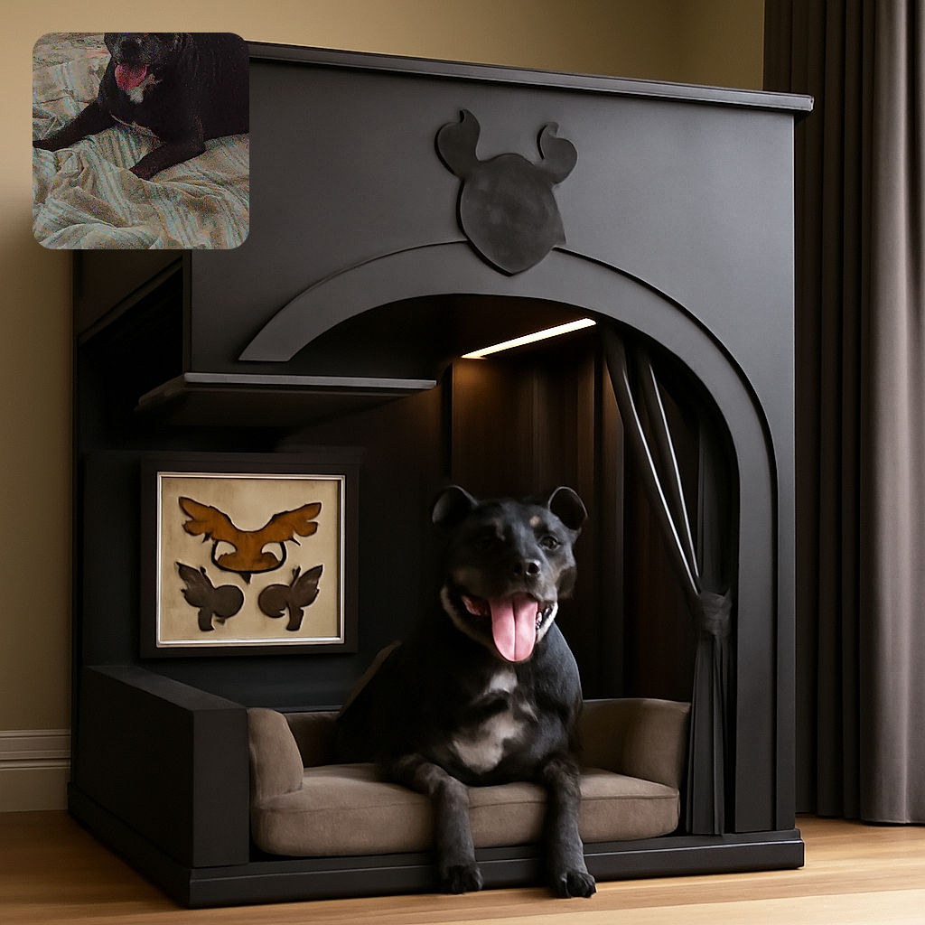 A dark-colored dog lying on a rumpled bed with light-colored sheets, tongue out and looking happy, though the photo is grainy and low-light, making details hard to see.