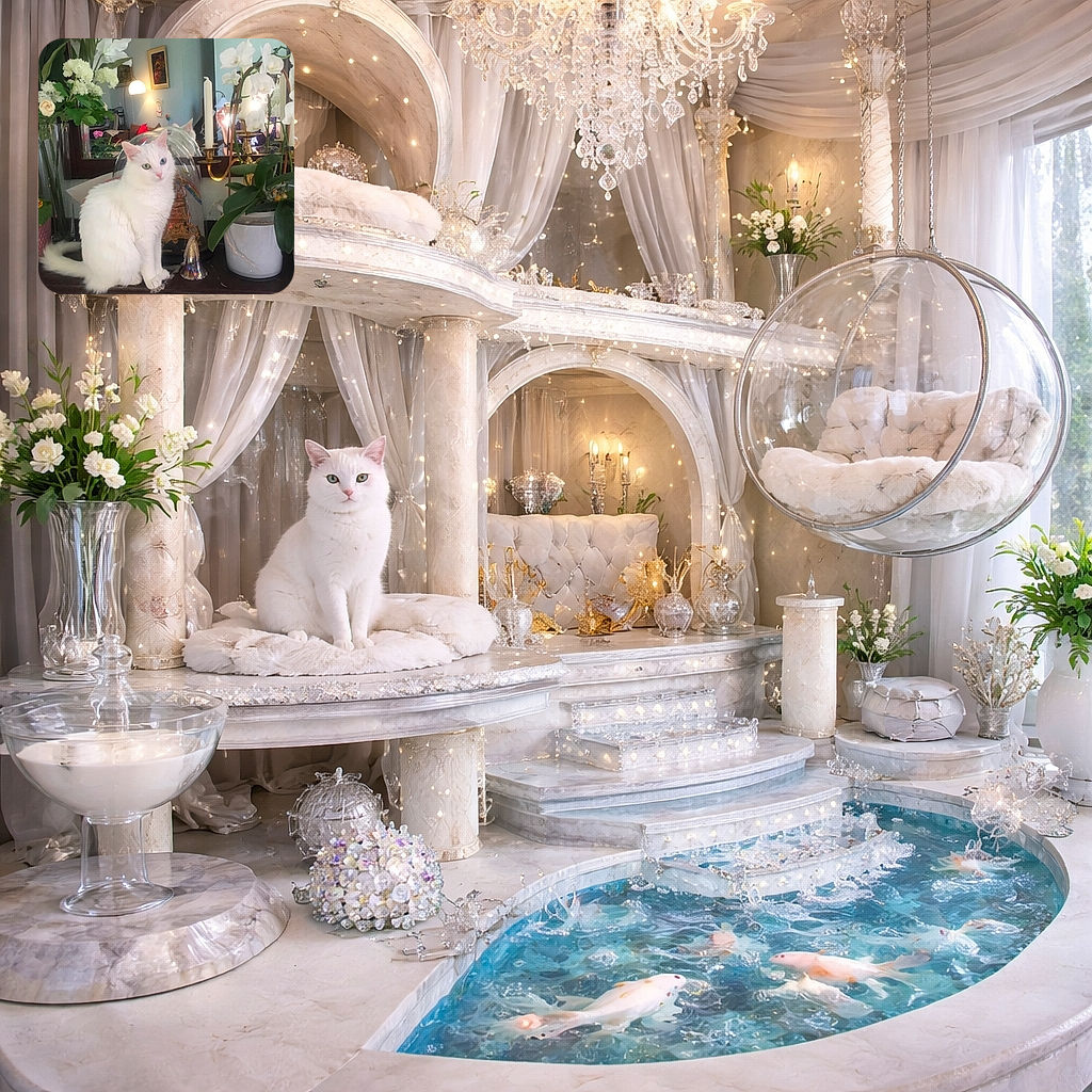 A fluffy white cat with striking heterochromia (one green eye and one blue eye) sits elegantly on a surface surrounded by various potted plants, flowers, and decorative items, with a mirror reflecting the scene behind it.