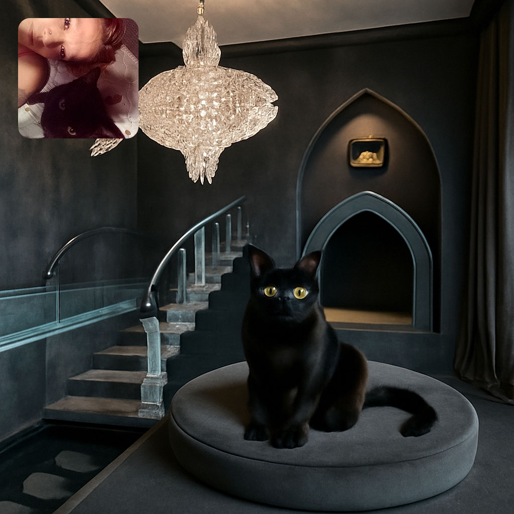 A close-up selfie of a person lying down next to a black cat on a mattress, both looking towards the camera with a cozy indoor setting.
