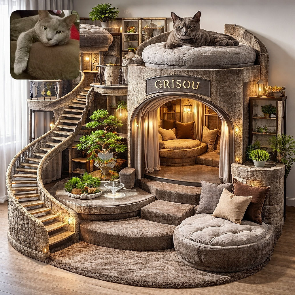 A grey cat sprawled like a tiny fur overlord on a couch, one paw dangling over the edge and giving the camera a calm, mildly judgmental stare as if to say 'where are the treats?'