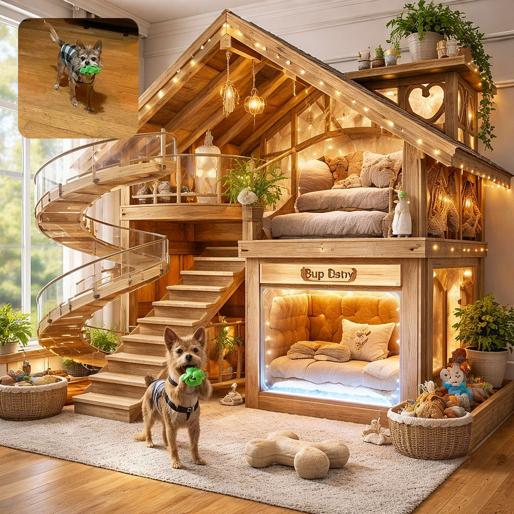 A tiny dog in a checkered sweater proudly parades a bright green plush toy like it's won the championship — standing on a scuffed hardwood floor and giving an earnest stare that clearly says 'throw it again.'