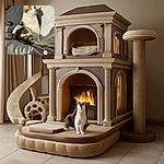 A regal tabby cat lounges on a soft gray blanket, basking in warm sunlight that casts a sharp shadow of its profile on the backdrop. The cat's alert gaze and relaxed pose make it look like it's contemplating the mysteries of the universe or just plotting its next nap.