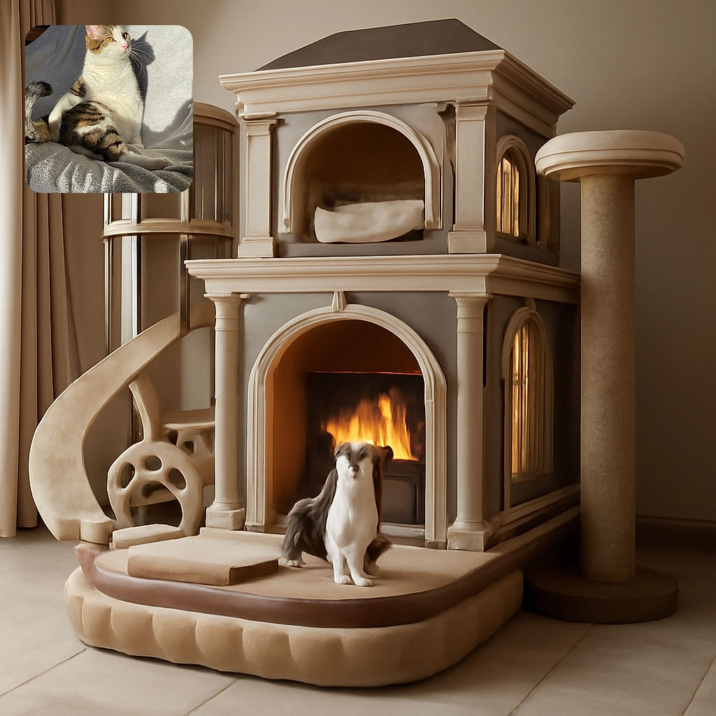 A regal tabby cat lounges on a soft gray blanket, basking in warm sunlight that casts a sharp shadow of its profile on the backdrop. The cat's alert gaze and relaxed pose make it look like it's contemplating the mysteries of the universe or just plotting its next nap.
