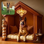 A cheerful Belgian Malinois dog is sitting on a vibrant green artificial grass lawn, posing with a happy expression and tongue slightly out, framed by a wooden fence and a gray fabric structure on the side.
