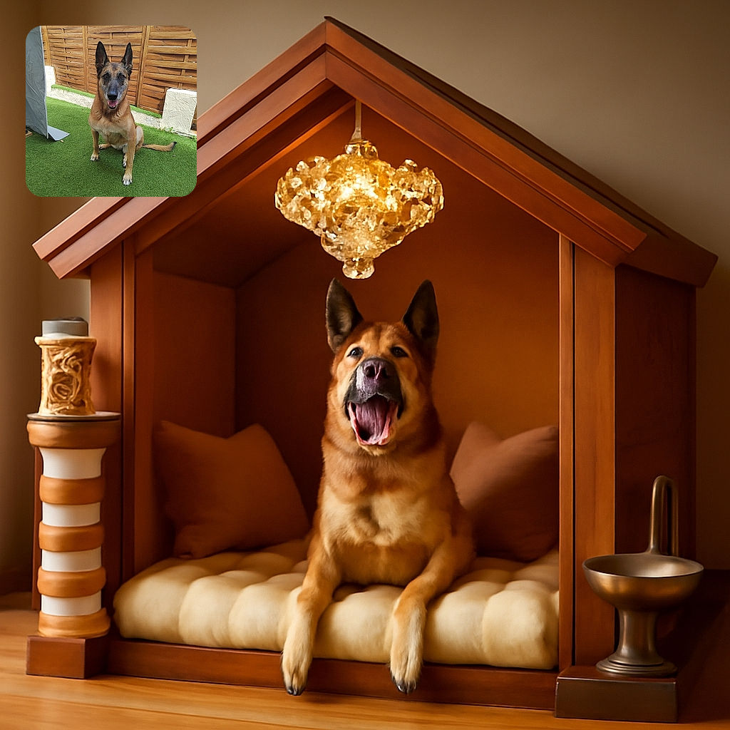 A cheerful Belgian Malinois dog is sitting on a vibrant green artificial grass lawn, posing with a happy expression and tongue slightly out, framed by a wooden fence and a gray fabric structure on the side.
