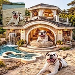 A joyful bulldog is lounging on a sandy beach near calm waters, looking extremely happy with its tongue out and a playful expression. The background shows a rocky shoreline and some greenery under a cloudy sky. The photo has a large text overlay at the bottom that reads 'Coup de projecteur'.