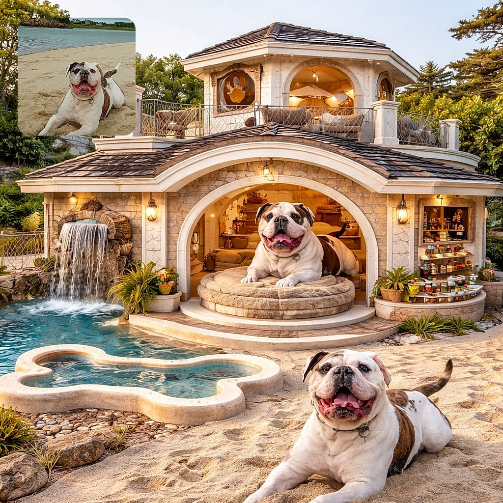 A joyful bulldog is lounging on a sandy beach near calm waters, looking extremely happy with its tongue out and a playful expression. The background shows a rocky shoreline and some greenery under a cloudy sky. The photo has a large text overlay at the bottom that reads 'Coup de projecteur'.