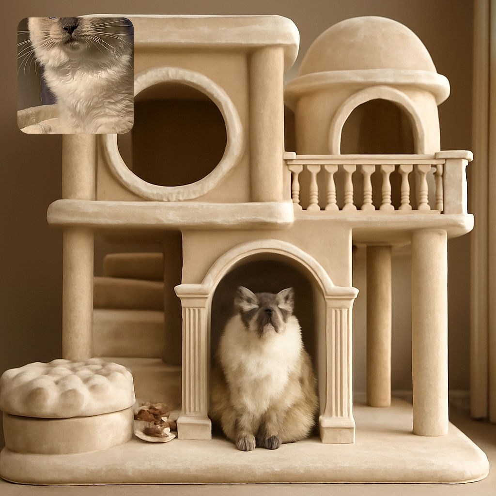 A regal fluffy cat with piercing blue eyes stares intently, its soft fur blending into the cozy cream blanket beneath it, creating a warm and majestic portrait.