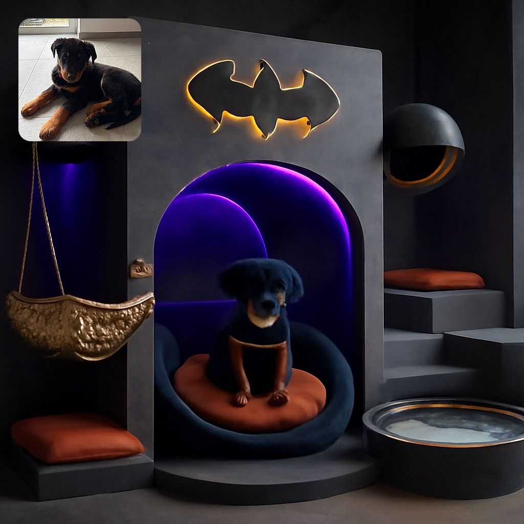 A charming young Rottweiler puppy lounges calmly on a tiled floor, with its soulful eyes looking directly at the camera. The natural light from the window highlights the puppy's shiny black and tan fur, while the background shows a glimpse of a rainy day outside with a car and blue bins.