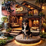 A charming black and tan dog sits patiently on a rustic terracotta tiled floor in a cozy living room filled with plants and warm sunlight. The dog's expressive eyes and slightly tilted head add a touch of curiosity and sweetness to the scene, while the background features a TV screen and homey decor that create a welcoming atmosphere.