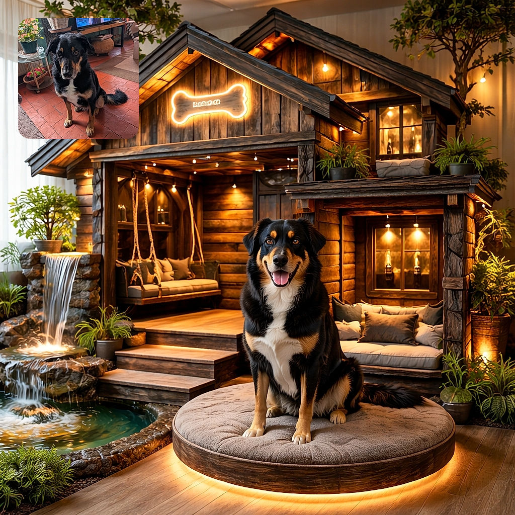 A charming black and tan dog sits patiently on a rustic terracotta tiled floor in a cozy living room filled with plants and warm sunlight. The dog's expressive eyes and slightly tilted head add a touch of curiosity and sweetness to the scene, while the background features a TV screen and homey decor that create a welcoming atmosphere.