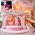 A small dog dressed in a pink frilly dress sits on a soft pink blanket with a dark leather background, looking sideways with curious eyes, posing like it's ready for a fashion show or a tea party.