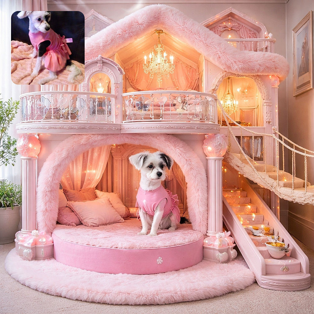 A small dog dressed in a pink frilly dress sits on a soft pink blanket with a dark leather background, looking sideways with curious eyes, posing like it's ready for a fashion show or a tea party.