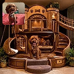 A curly-haired brown dog sits proudly on a pink bed, staring into the camera like a tiny professor who has just discovered the secrets of the universe. Its shiny tags add a little extra bling to the bedroom portrait.