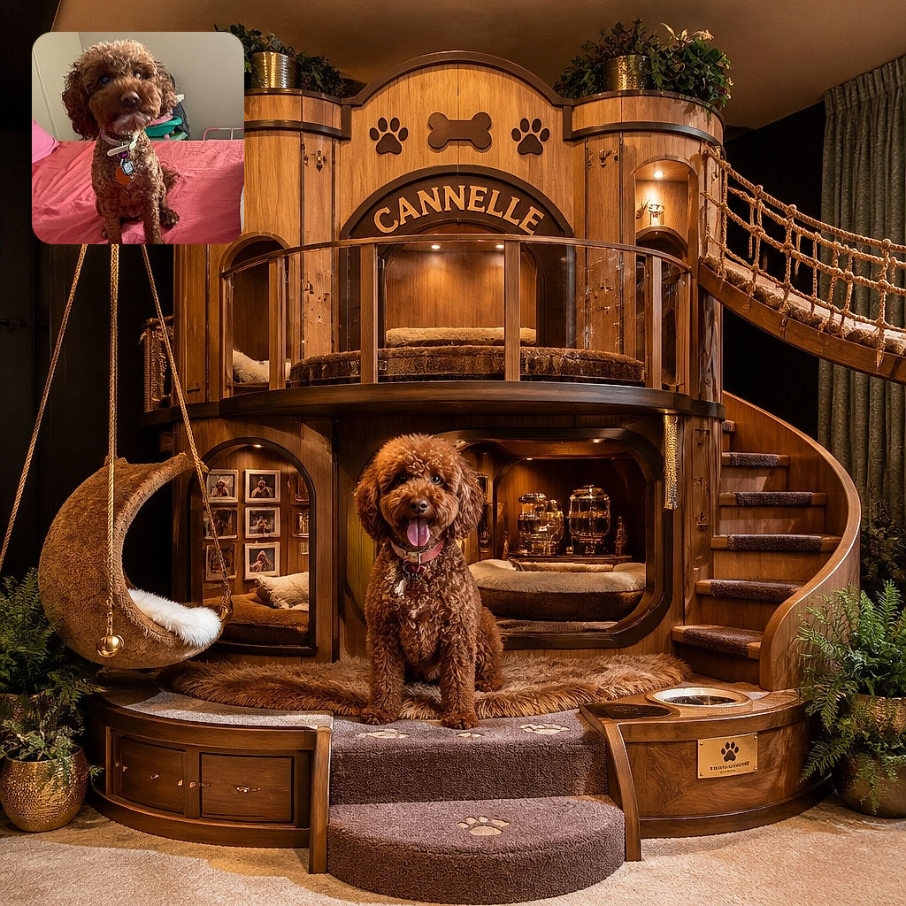A curly-haired brown dog sits proudly on a pink bed, staring into the camera like a tiny professor who has just discovered the secrets of the universe. Its shiny tags add a little extra bling to the bedroom portrait.