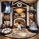 A small black and white Chihuahua puppy is sitting attentively on a soft gray blanket, with a person's arm holding a remote control visible in the background. The pup's big ears and curious eyes steal the spotlight in this cozy indoor scene.