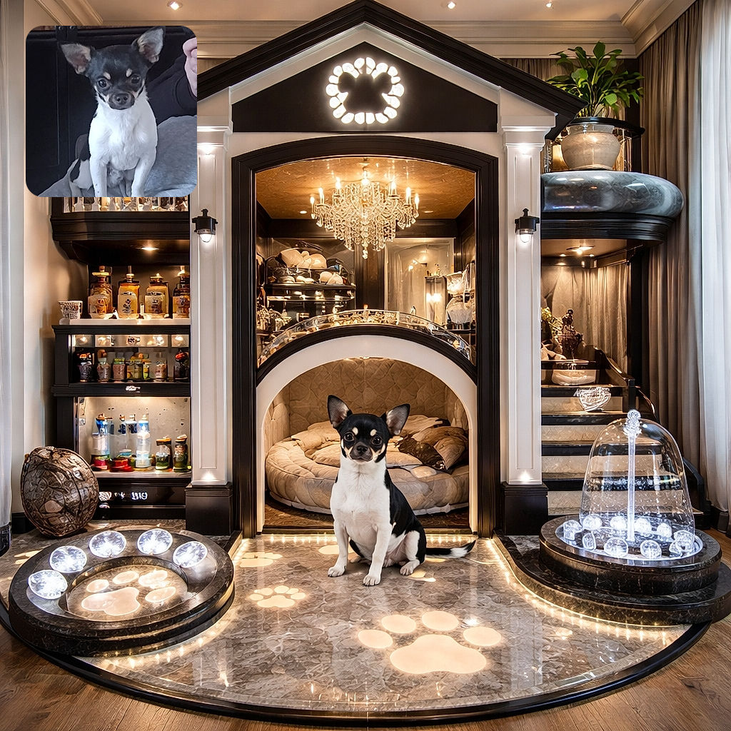A small black and white Chihuahua puppy is sitting attentively on a soft gray blanket, with a person's arm holding a remote control visible in the background. The pup's big ears and curious eyes steal the spotlight in this cozy indoor scene.