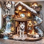 A striking Siberian Husky with piercing blue eyes and a black bandana around its neck stands attentively on a tiled floor, surrounded by a few toys and household items, ready to charm anyone with its soulful gaze.
