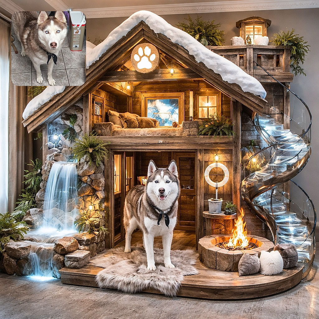A striking Siberian Husky with piercing blue eyes and a black bandana around its neck stands attentively on a tiled floor, surrounded by a few toys and household items, ready to charm anyone with its soulful gaze.